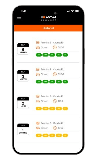 Pantalla de historial de prácticas de la app DAS Alumnos